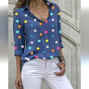 MISSLOOK Polka-Dot V-Neck Multicolor Pullover BlouseTop NWT